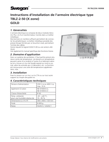 Swegon TBLZ-2-50 Armoire électrique zone Mode d'emploi | Fixfr