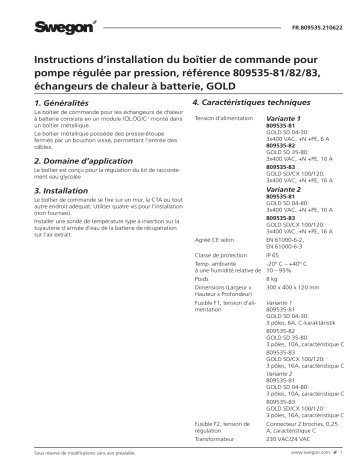 Swegon 809535 Boîtier de commande pour pompe régulée par pression Mode d'emploi | Fixfr