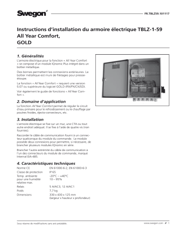 Swegon TBLZ-1-59 Armoire équipement électrique Mode d'emploi | Fixfr