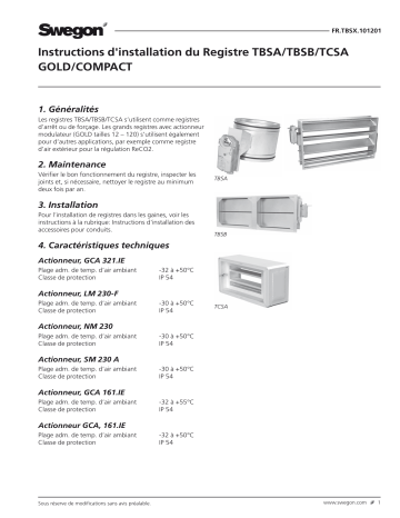Swegon TBSA/TBSB/TCSA Registre Mode d'emploi | Fixfr