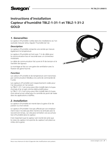 Swegon TBLZ-1-31-1/2 Capteur d'humidité Mode d'emploi | Fixfr