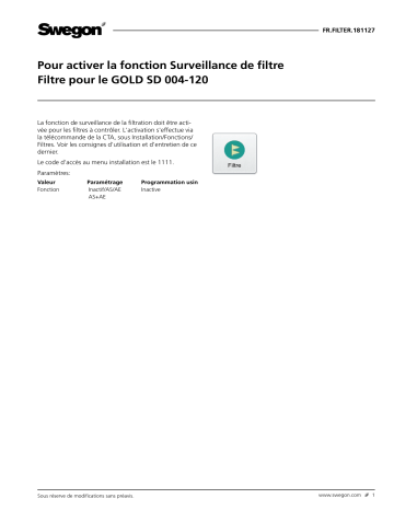 Swegon GOLD SD Filtre Mode d'emploi | Fixfr