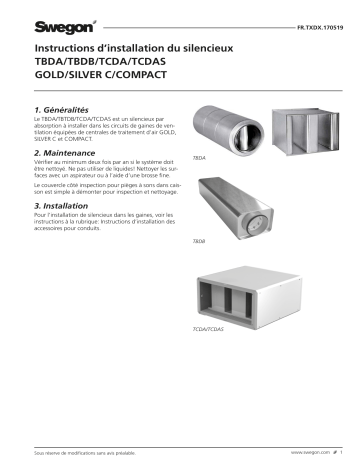 Swegon TBDA/TBDB/TCDA/TCDB Silencieux Mode d'emploi | Fixfr