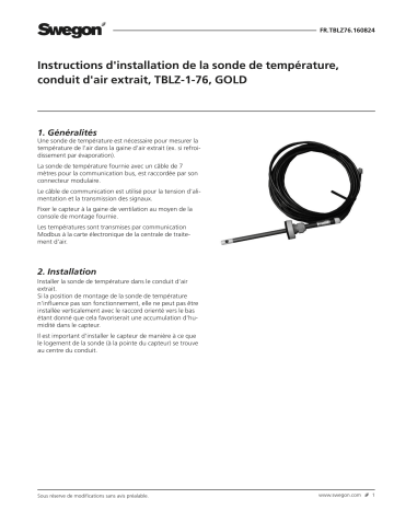 Swegon TBLZ-1-76 sonde de température Mode d'emploi | Fixfr