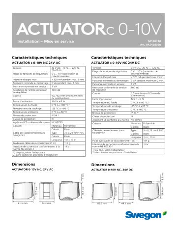 Swegon ACTUATOR c 0-10V Mode d'emploi | Fixfr