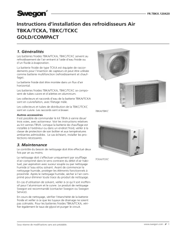 Swegon TBKA/TCKA, TBKC/TCKC Batterie de refroidissement Mode d'emploi | Fixfr