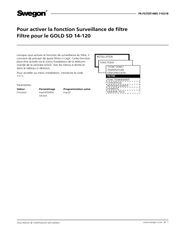 Swegon GOLD SD Filtre Mode d'emploi | Fixfr