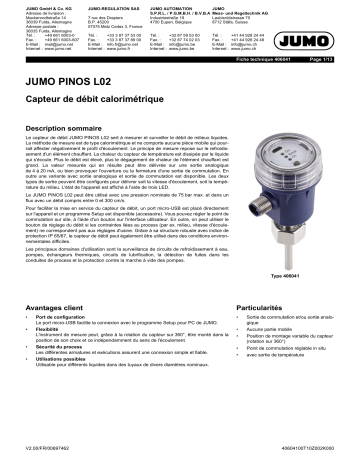 JUMO 406041 Calorimetric Flow Sensor Fiche technique | Fixfr