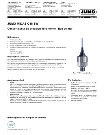 JUMO 401012 OEM Pressure Transmitter Fiche technique | Fixfr