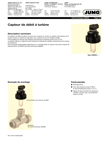 JUMO 406020 Paddlewheel Flow Sensor / Push-In Version Fiche technique | Fixfr