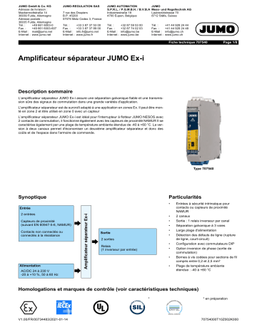 JUMO 707540 Two-Channel Isolating Switch Amplifier Fiche technique | Fixfr