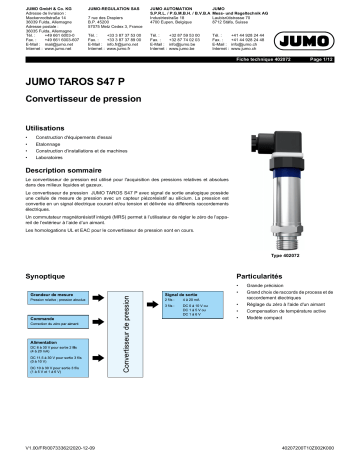 JUMO 402072 Precision Pressure Transmitter Fiche technique | Fixfr