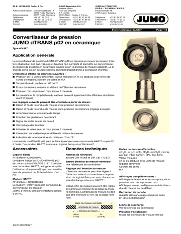 JUMO dTRANS p02 CERAMIC Pressure Transmitter Fiche technique | Fixfr