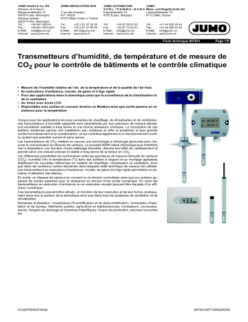 JUMO 907021 Hygro Transducer, Hygrothermal Transducer, and CO2 Measuring Probe Fiche technique | Fixfr