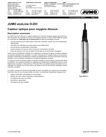 JUMO 202613 ecoLine O-DO − Optical Sensor Fiche technique | Fixfr