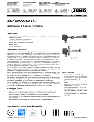 JUMO 408340 Horizontal Float Switch Fiche technique | Fixfr