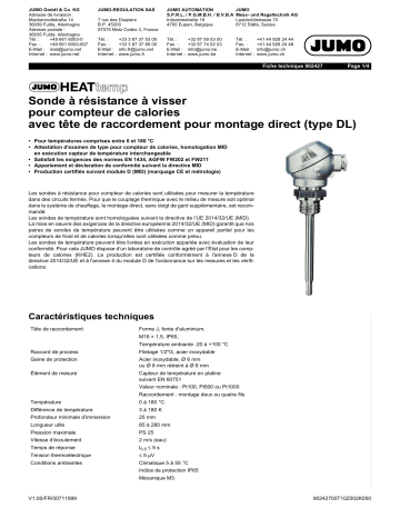 JUMO HEATtemp Probe for Heat Meter Fiche technique | Fixfr