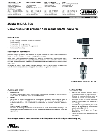 JUMO 401010 OEM Universal Pressure Transmitter Fiche technique | Fixfr