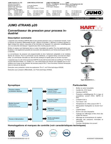 JUMO dTRANS p20 Process Pressure Transmitter Fiche technique | Fixfr