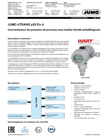 JUMO dTRANS p20 [Ex d] Process Pressure Transmitter Fiche technique | Fixfr