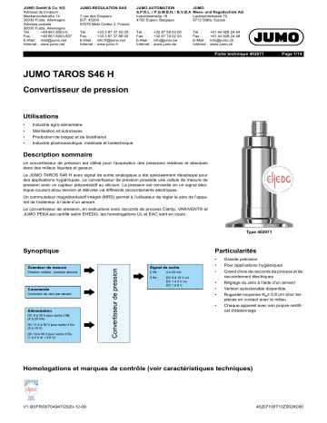 JUMO 402071 Hygienic Pressure Transmitter Fiche technique | Fixfr