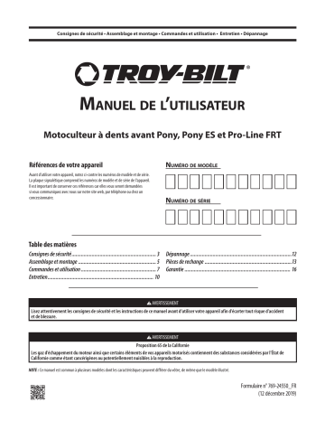 21A495B766 | 21AE492K766 | Troy-Bilt 21A492R766 Pony Garden Tiller Manuel utilisateur | Fixfr