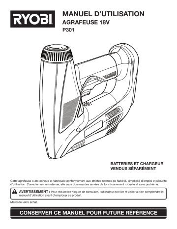 P307 | P305 | Ryobi P361 18V ONE+ AIRSTRIKE 18GA NARROW CROWN STAPLER - Tool Only Manuel du propriétaire | Fixfr