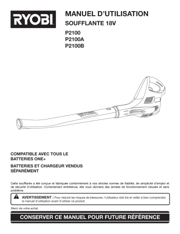 Ryobi P2109A 18V ONE+ 200 CFM SWEEPER Manuel du propriétaire | Fixfr