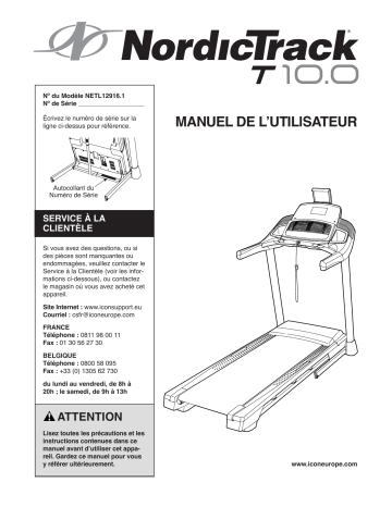 NordicTrack NETL12916 T 10.0 TREADMILL Manuel utilisateur | Fixfr