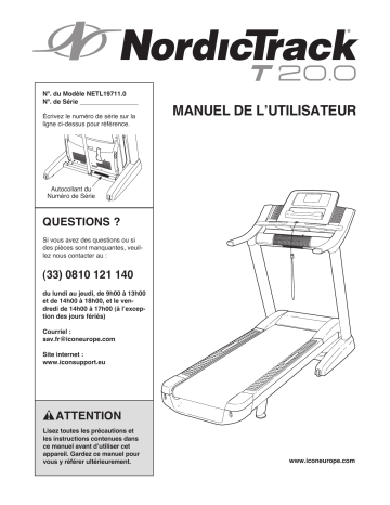 NordicTrack NETL19711 1419172 T 20 TREADMILL Manuel utilisateur | Fixfr