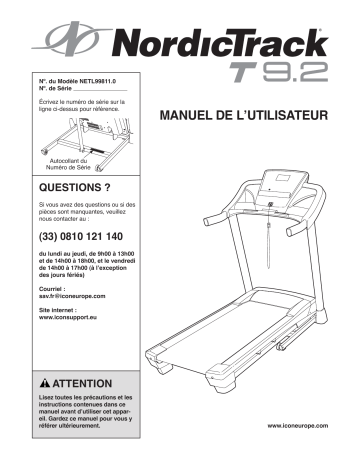 NordicTrack NETL99811 T9.2 TREADMILL Manuel utilisateur | Fixfr