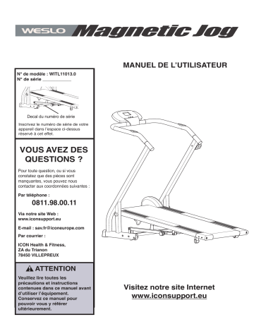 Weslo WITL11013 TREADMILL Manuel utilisateur | Fixfr