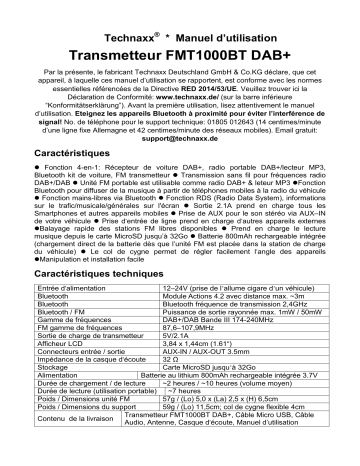 Technaxx FMT1000BT DAB+ Transmitter Manuel du propriétaire | Fixfr