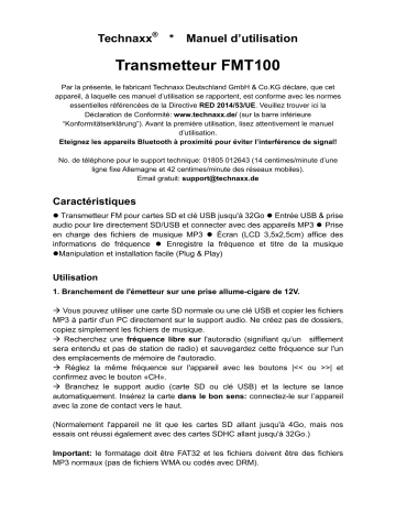 Technaxx FMT100 Transmitter + MP3 Manuel du propriétaire | Fixfr