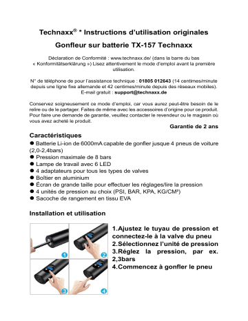Technaxx TX-157 Battery Air Compressor Manuel du propriétaire | Fixfr