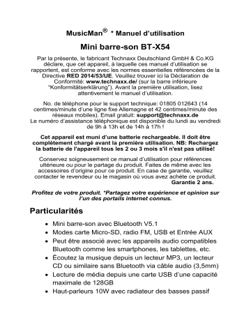 MusicMan BT-X54 Mini-Soundbar black Manuel du propriétaire | Fixfr