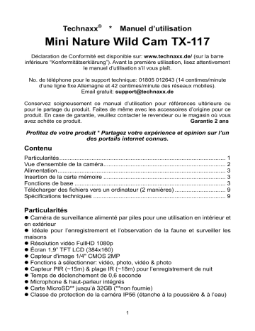 Technaxx TX-117 Mini Nature Wild Cam Manuel du propriétaire | Fixfr