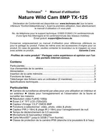 Technaxx TX-125 Nature Wild Cam 8MP Manuel du propriétaire | Fixfr