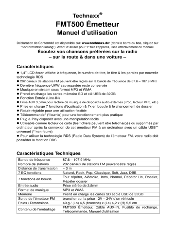 Technaxx FMT500 Transmitter Manuel du propriétaire | Fixfr