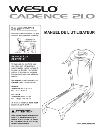 WETL49710.2 | Weslo WETL49710 Cadence 21.0 TREADMILL Manuel utilisateur | Fixfr