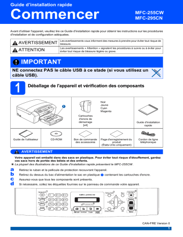 MFC-295CN | Brother MFC-255CW Inkjet Printer Guide d'installation rapide | Fixfr