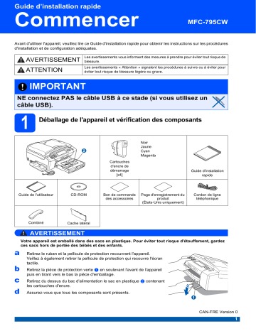 Brother MFC-795CW Inkjet Printer Guide d'installation rapide | Fixfr