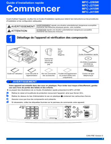 MFC-J265W | MFC-J415W | MFC-J410W | Brother MFC-J270W Inkjet Printer Guide d'installation rapide | Fixfr