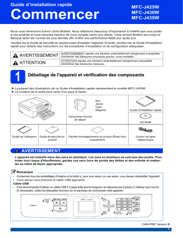 MFC-J425W | MFC-J435W | Brother MFC-J430W Inkjet Printer Guide d'installation rapide | Fixfr