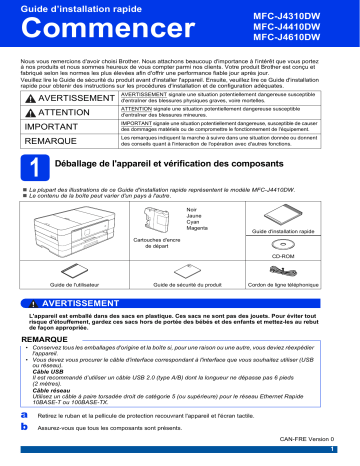MFC-J4610DW | MFC-J4310DW | Brother MFC-J4410DW Inkjet Printer Guide d'installation rapide | Fixfr