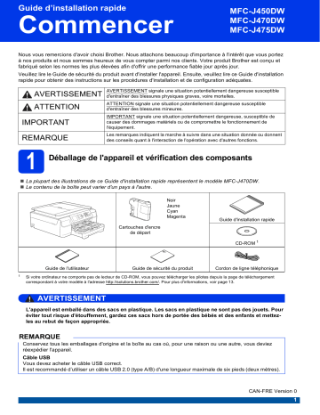 MFC-J475DW | MFC-J470DW | Brother MFC-J450DW Inkjet Printer Guide d'installation rapide | Fixfr