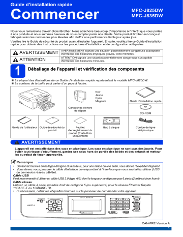 MFC-J825DW | Brother MFC-J835DW Inkjet Printer Guide d'installation rapide | Fixfr