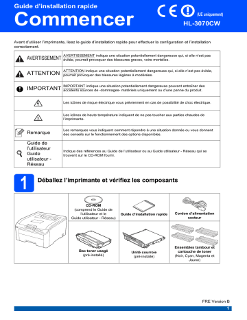 Brother HL-3070CW Color Printer Guide d'installation rapide | Fixfr