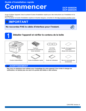 DCP-8080DN | Brother DCP-8085DN Monochrome Laser Fax Guide d'installation rapide | Fixfr