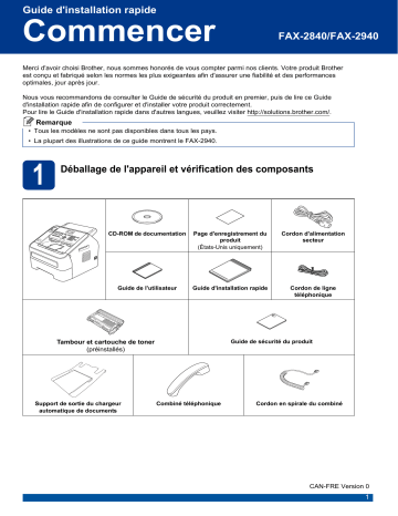 FAX-2940 | Brother FAX-2840 Monochrome Laser Fax Guide d'installation rapide | Fixfr